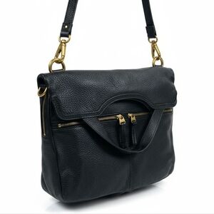EUC Black Fossil Leather Crossbody Travel Bag Tote Brass Hardware Zip Closure!